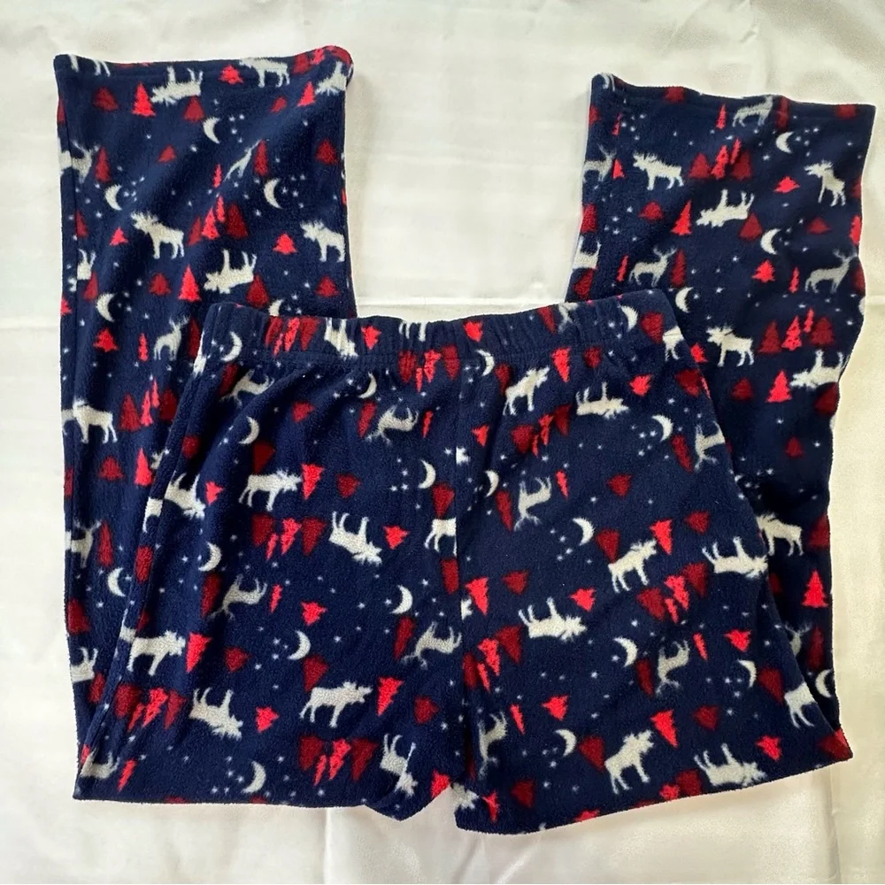Eddie Bauer blue red fleece pajama set boys‎ M 10-12 moose winter trees